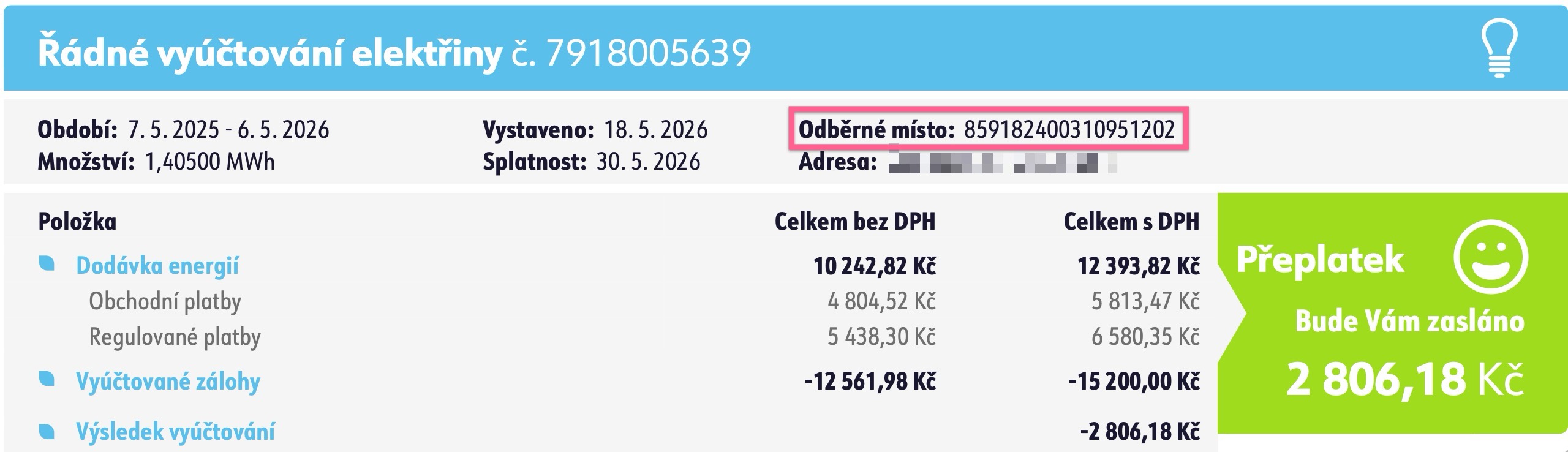 Ukázka faktury se zvýrazněným odběrným místem